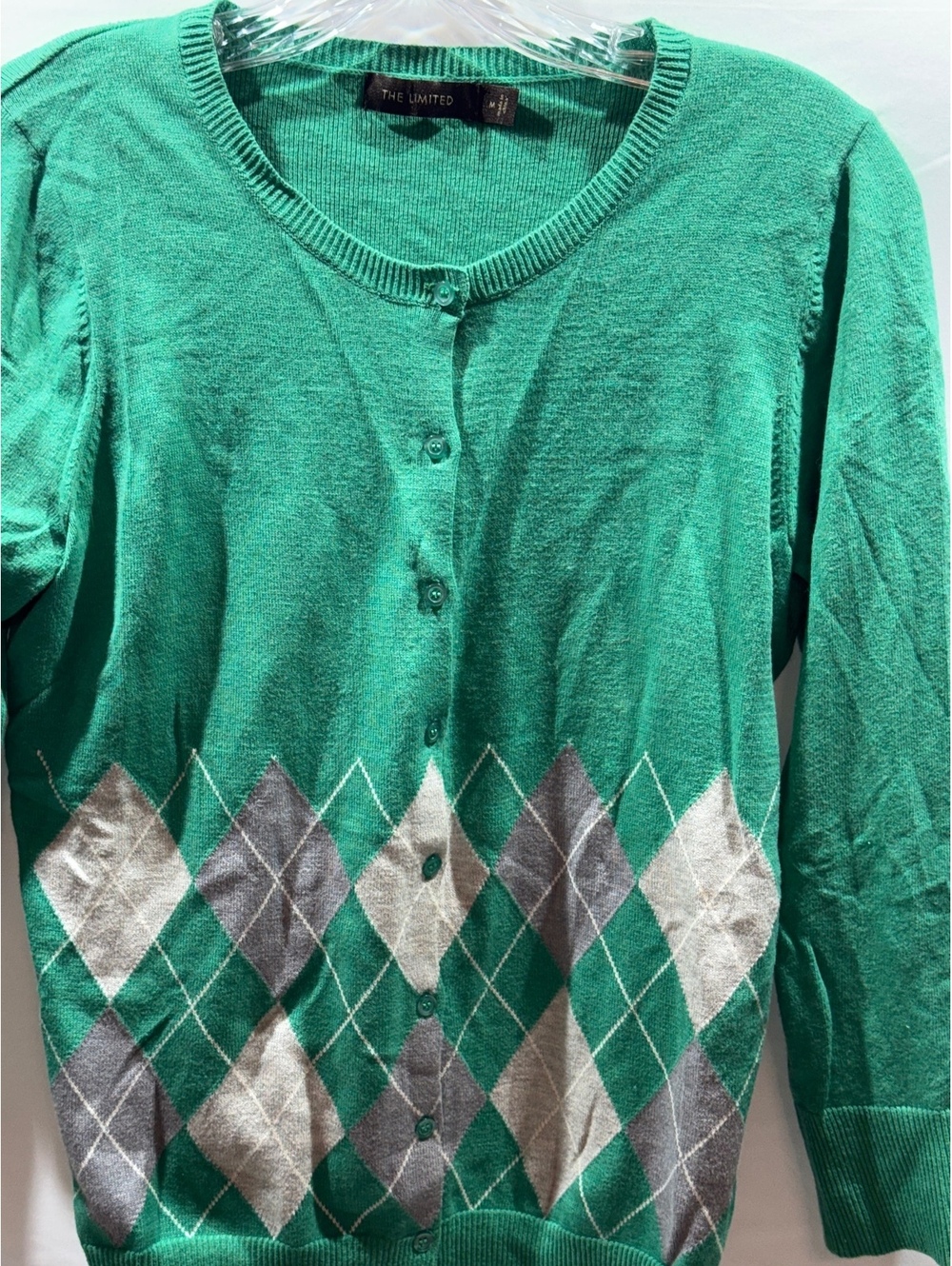 The Limited Women’s M Green Argyle Cardigan Sweater Cotton Blend Preppy
